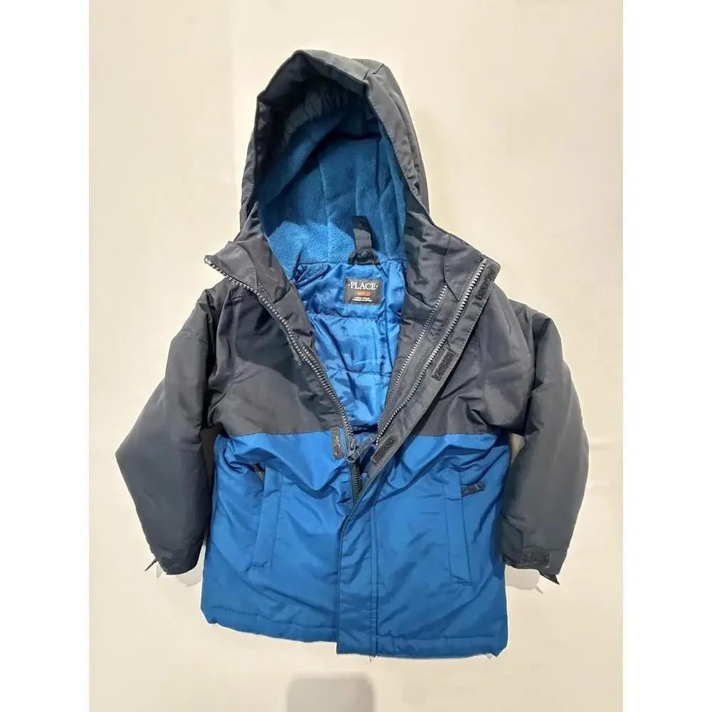 Childrens Place Jacket Boys 4 Blue Gray Hooded Puffer Coat Winter Fleece Lined